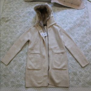 Zara Cream Knit Jacket with Faux Fur Hood, Small